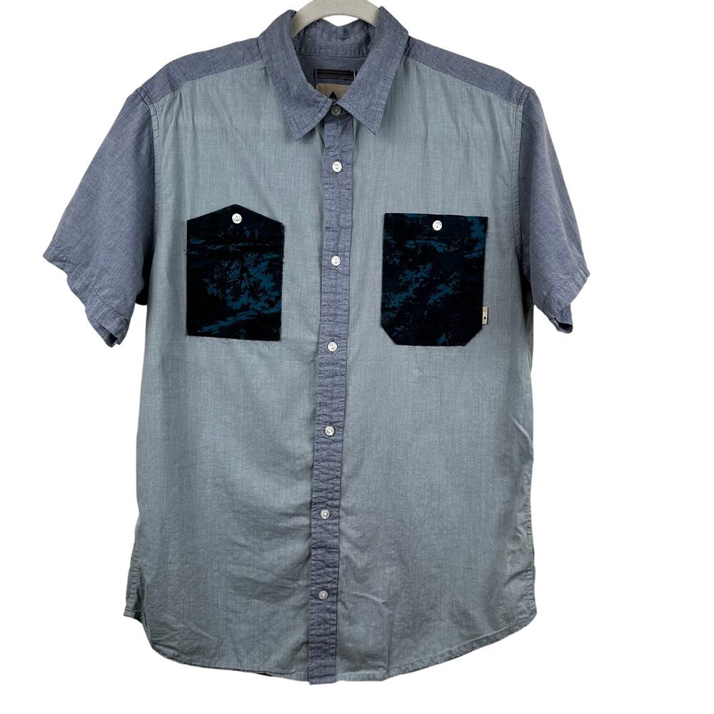 Burton Men's Camp Shirt Short Sleeve Color Block Cotton Blue Large Chest Pockets
